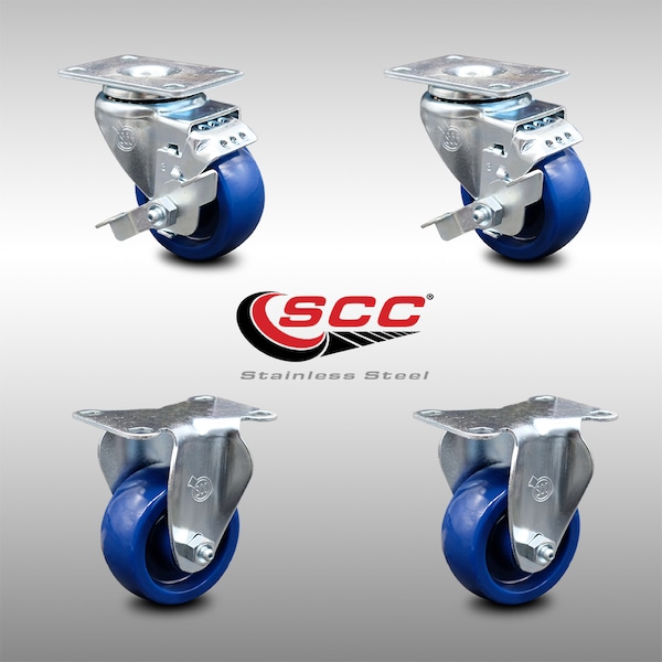 3 Inch SS Solid Polyurethane Top Plate Caster Set with 2 Brake 2 Rigid SCC